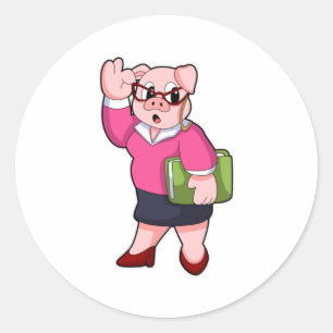 Pig as Secretary with Glasses Classic Round Sticker