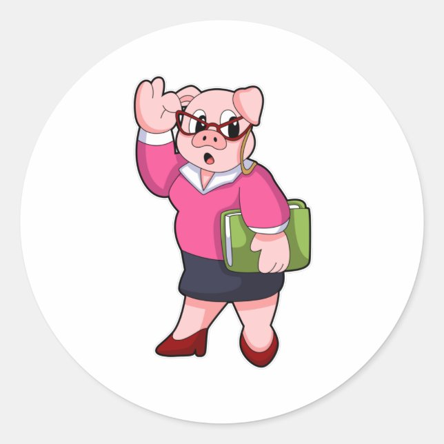 Pig as Secretary with Glasses Classic Round Sticker (Front)