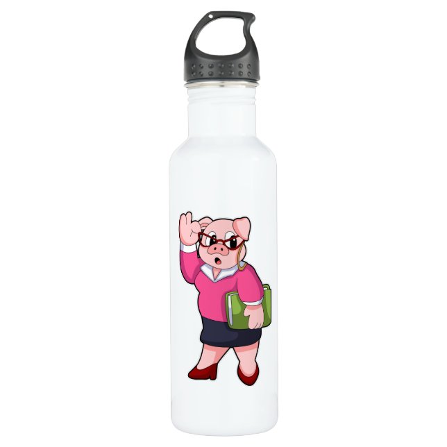 Pig as Secretary with Glasses Stainless Steel Water Bottle (Front)