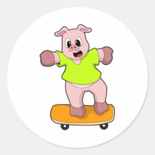 Pig as Skater on Skateboard Classic Round Sticker