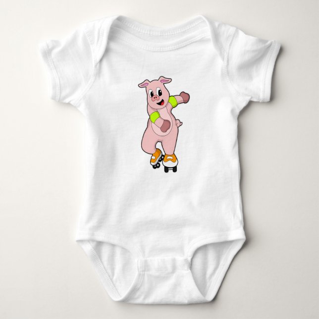 Pig as Skater with Inline skates Baby Bodysuit (Front)