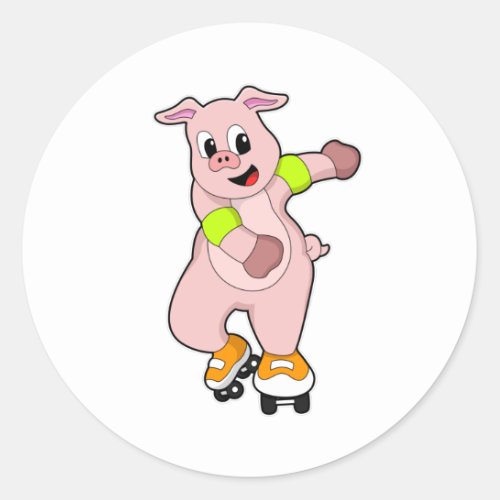 Pig as Skater with Inline skates Classic Round Sticker