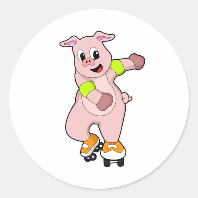 Pig as Skater with Inline skates Classic Round Sticker (Front)