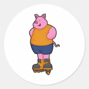 Pig as Skater with Inline skates Classic Round Sticker