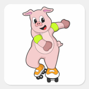 Pig as Skater with Inline skates Square Sticker