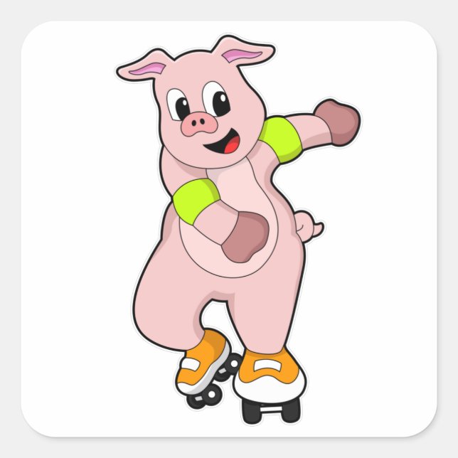 Pig as Skater with Inline skates Square Sticker (Front)