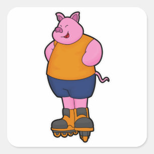 Pig as Skater with Inline skates Square Sticker