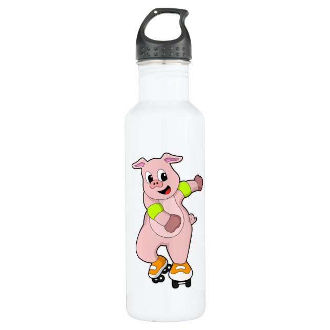 Pig as Skater with Inline skates Stainless Steel Water Bottle (Front)