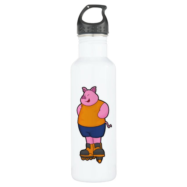 Pig as Skater with Inline skates Stainless Steel Water Bottle (Front)