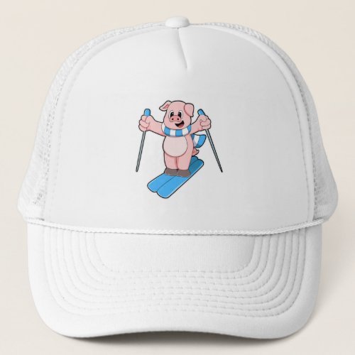 Pig as Skier with Ski Scarf  Ski poles Trucker Hat