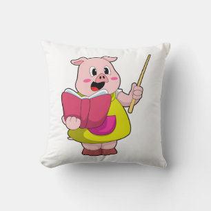 Pig as Teacher with Book Throw Pillow