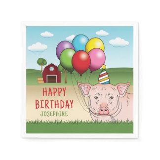 Pig At A Farm Holding Balloons Kid's Birthday Napkins