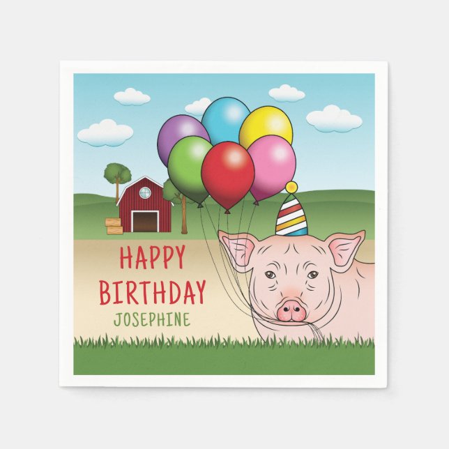 Pig At A Farm Holding Balloons Kid's Birthday Napkins (Front)