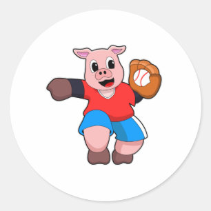 Pig at Baseball with Baseball glove Classic Round Sticker