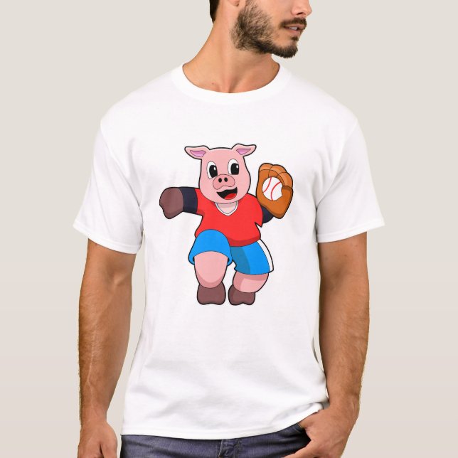 Pig at Baseball with Baseball glove T-Shirt (Front)