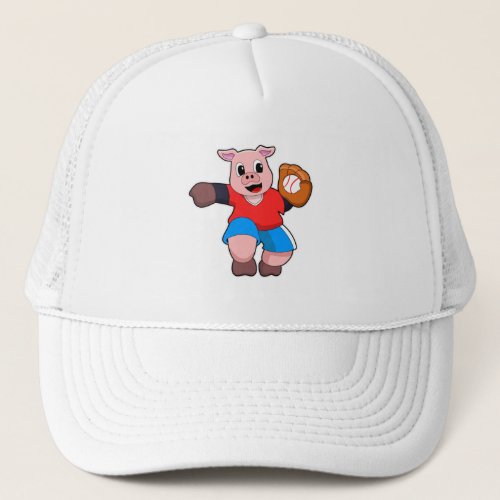 Pig at Baseball with Baseball glove Trucker Hat