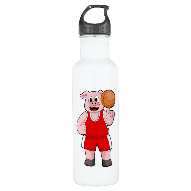 Pig at Basketball Sports Stainless Steel Water Bottle (Front)