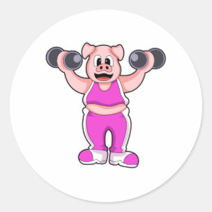 Pig at Bodybuilding with Dumbbells Classic Round Sticker