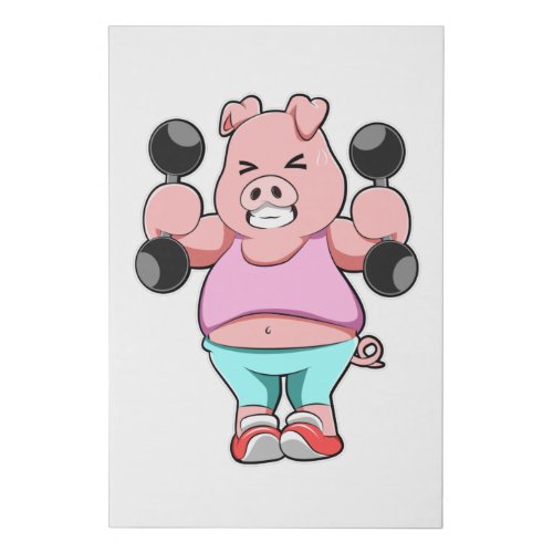 Pig at Bodybuilding with Dumbbells Faux Canvas Print