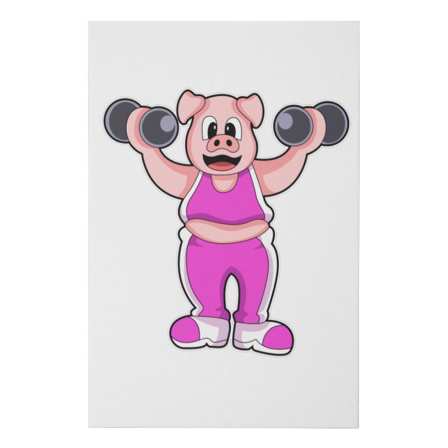 Pig at Bodybuilding with Dumbbells Faux Canvas Print (Front)