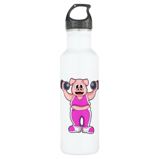 Pig at Bodybuilding with Dumbbells Stainless Steel Water Bottle (Front)