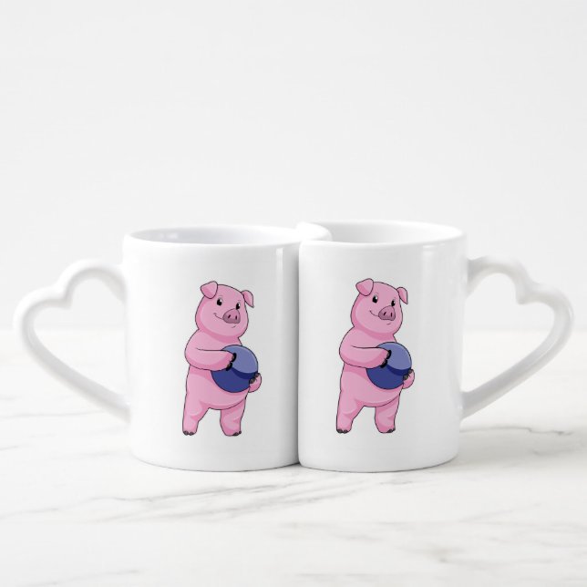 Pig at Bowling with Bowling ball Coffee Mug Set (Front Nesting)