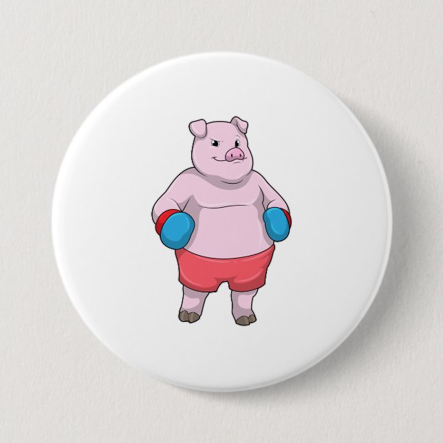 Pig at Boxing with Boxing gloves Button (Front)