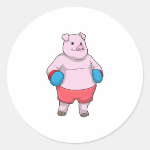 Pig at Boxing with Boxing gloves Classic Round Sticker