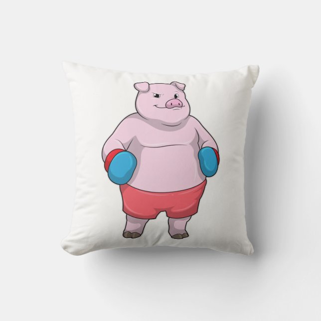 Pig at Boxing with Boxing gloves Throw Pillow (Front)