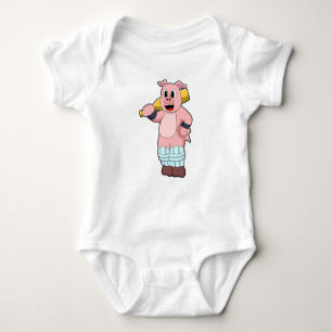 Pig at Cricket with Cricket bat Baby Bodysuit