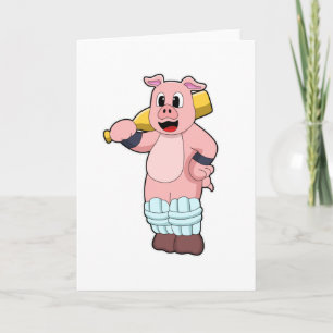 Pig at Cricket with Cricket bat Card