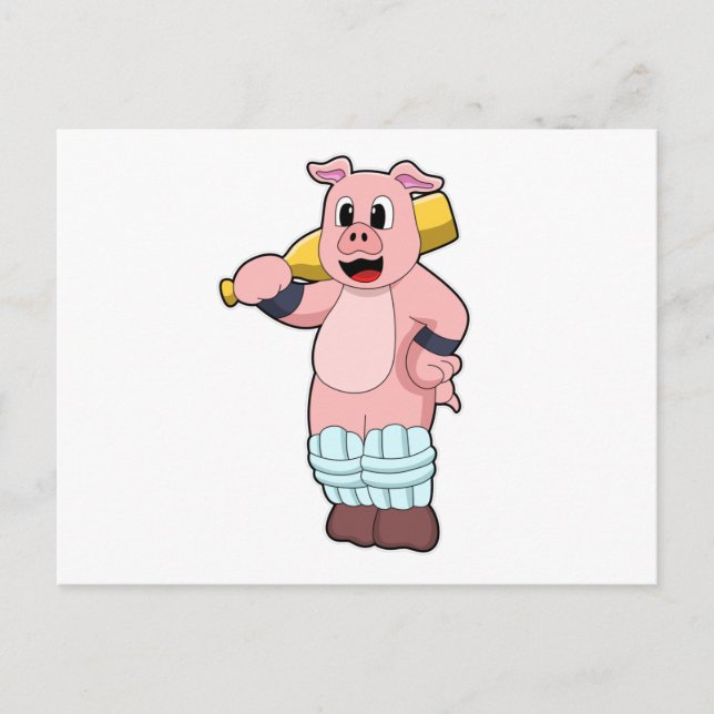 Pig at Cricket with Cricket bat Postcard (Front)