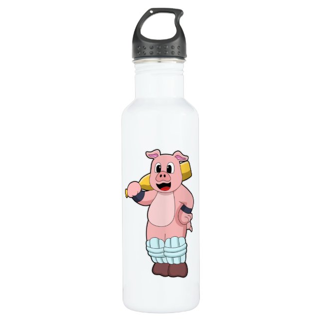 Pig at Cricket with Cricket bat Stainless Steel Water Bottle (Front)