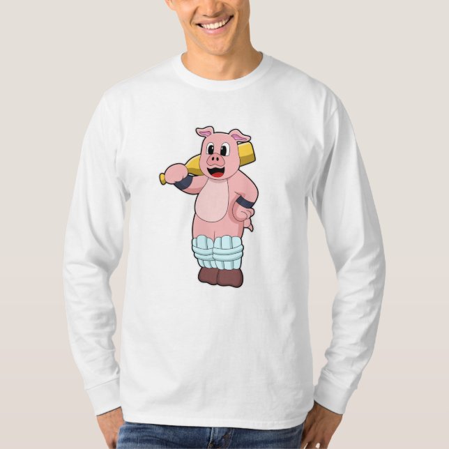 Pig at Cricket with Cricket bat T-Shirt (Front)