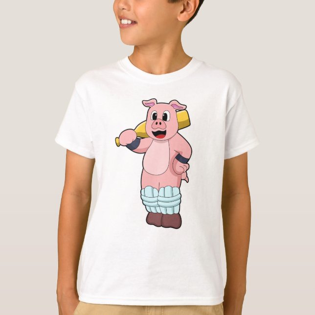 Pig at Cricket with Cricket bat T-Shirt (Front)