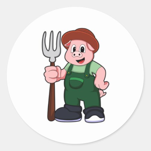 Pig at Farmer with Rake Classic Round Sticker