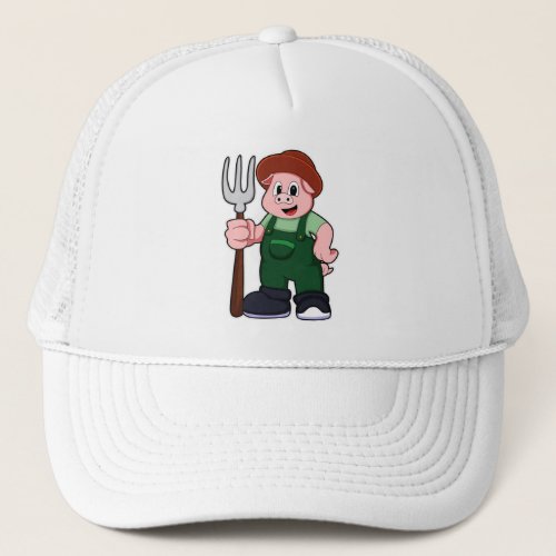 Pig at Farmer with Rake Trucker Hat