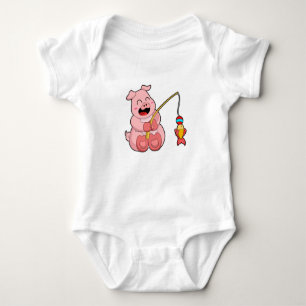 Pig at Fishing with Fish Baby Bodysuit