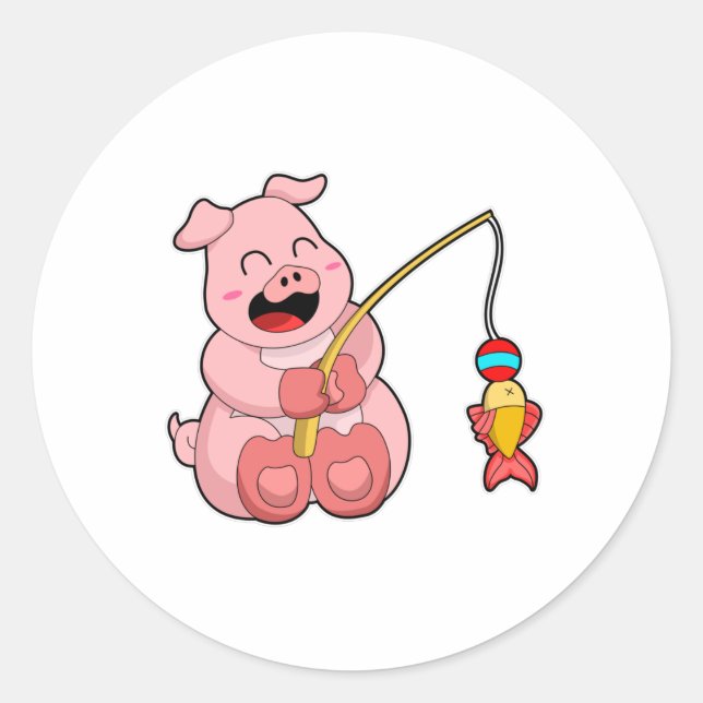 Pig at Fishing with Fish Classic Round Sticker (Front)