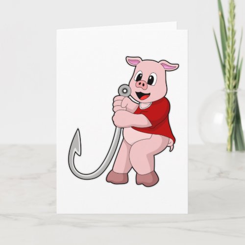 Pig at Fishing with Fish hook Card