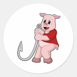 Pig at Fishing with Fish hook Classic Round Sticker