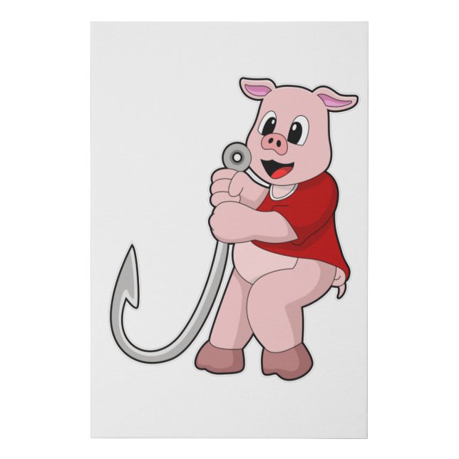 Pig at Fishing with Fish hook Faux Canvas Print (Front)