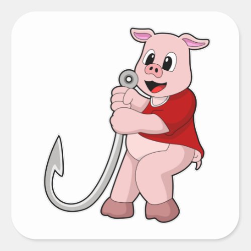 Pig at Fishing with Fish hook Square Sticker
