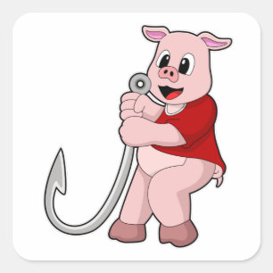 Pig at Fishing with Fish hook Square Sticker