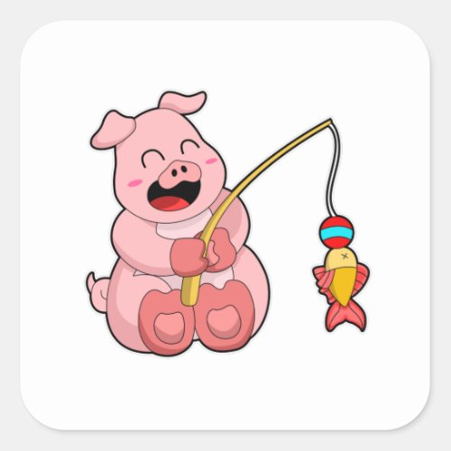Pig at Fishing with Fish Square Sticker