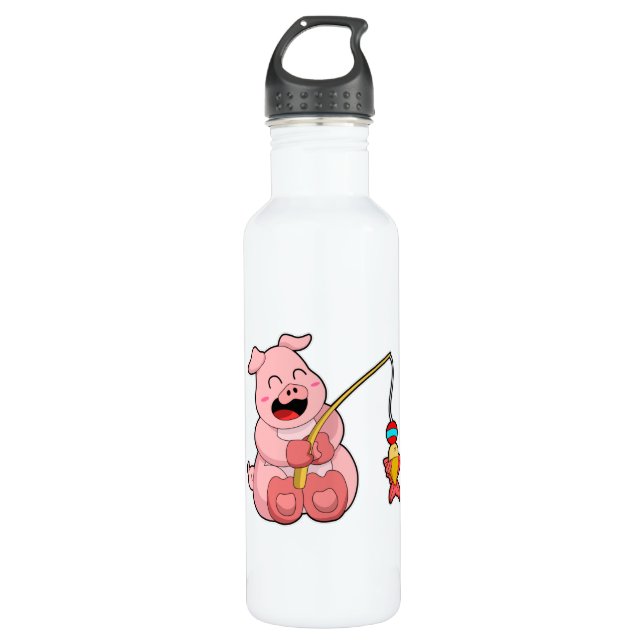Pig at Fishing with Fish Stainless Steel Water Bottle (Front)