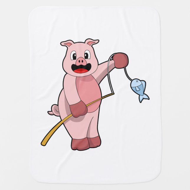 Pig at Fishing with Fishing rod & Fish Baby Blanket (Front)