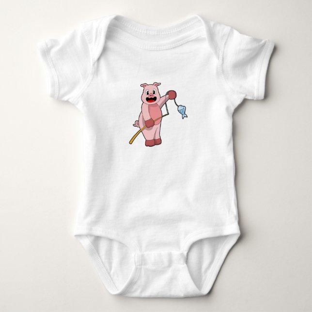 Pig at Fishing with Fishing rod & Fish Baby Bodysuit (Front)