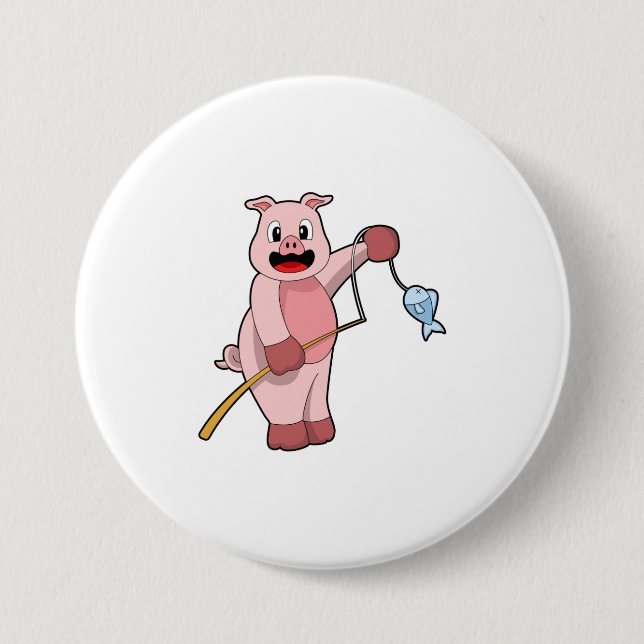 Pig at Fishing with Fishing rod & Fish Button (Front)