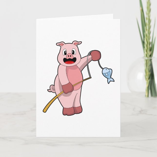 Pig at Fishing with Fishing rod & Fish Card (Front)